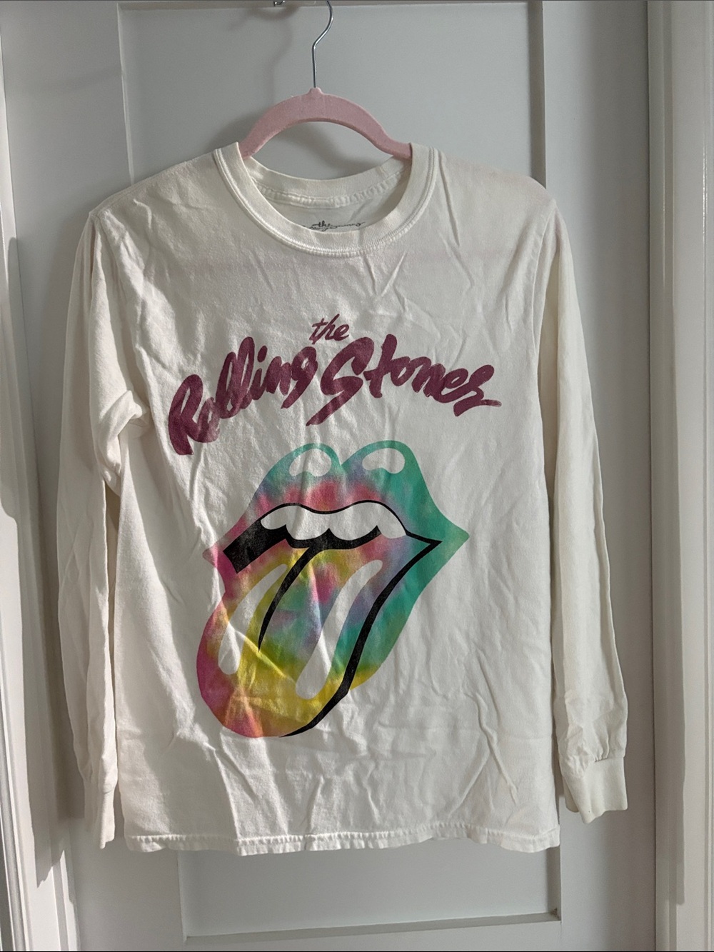 the Rolling Stones Cream Long Sleeve Tee with Multicolor Tie-Dye Tongue